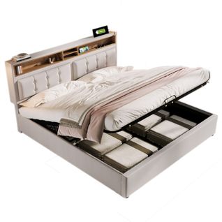 Lit Coffre Adulte 160x200 Cm Avec USB-c, Rangement, Lattes En Bois, Tête Réglable, Lin Beige