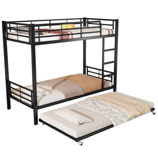 Lit Superposé Enfant 90x200 Cm, Avec Lit Gigogne 90x190 Cm, Fer, Noir