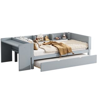 Lit Enfant Gigogne 90x200 Cm Avec Tiroir, Bureau Intégré, 3 Étagères - Gris