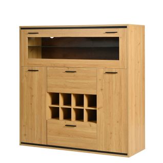 Buffet Cuisine Avec 2 Tiroirs, 3 Portes, 1 Étagère En Verre Et Porte-bouteilles, 110x38x111cm, Bois