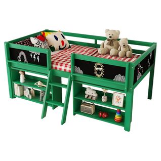Lit Mi-Haut enfant 90x200 Cm avec étagères de rangement, pin et MDF, vert