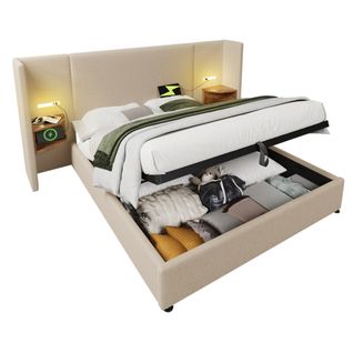 Lit Coffre Adulte 160×200 Avec Table De Chevet, Lampe De Lecture, USB, Type-c, En Lin, Beige