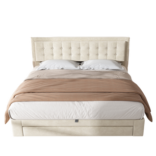 Lit Coffre Adulte 160x200 Avec Tête De Lit, Lit De Rangement, 2 Tiroirs, Tissu Teddy, Beige