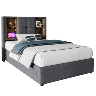 Lit 90x200 Avec Charge Sans Fil USB-c, Rangement Hydraulique Et Sommier En Bois - Gris Coton