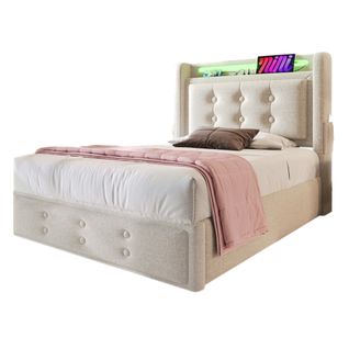 Lit 90x200 Cm Avec LED, USB-c Et Prise Eu, Coffre Hydraulique, Tissu Beige