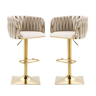 Tabouret De Bar Vintage En Velours, Lot De 2, 53x51x87cm, Pivotant à 360°, Hauteur Réglable, Ivoire