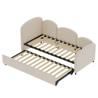Lit Banquette Enfant 90x200 Cm Avec Tiroir, Forme Fleur, Velours, Cadre Bois, Beige Moderne