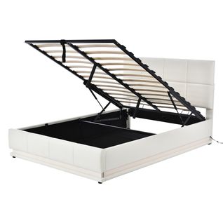 Lit Coffre 140x200 Cm Lit Adulte Avec LED, Port USB Et Tissu Lin, Beige