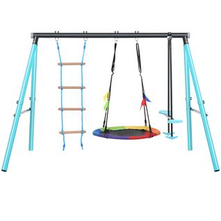 Balançoire, 3 Agrès, Échelle D'escalade Et Filet D'escalade, Pour Enfants, Bleu