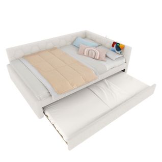 Lit Double Adulte 140x200cm, Avec Lit Gigogne, Lampe De Chevet, USB-c, Imitation Laine, Blanc