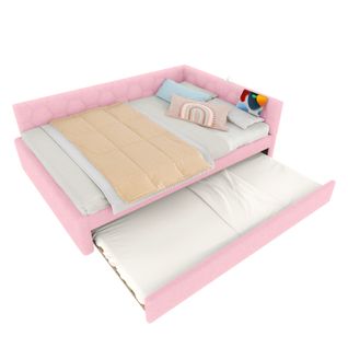 Lit Double Adulte 140x200cm, Avec Lit Gigogne, Lampe De Chevet, USB-c, Imitation Laine, Rose