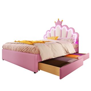 Lit 140x200 Cm Rose Style Princesse, LED Multicolores, Tête Réglable, 2 Tiroirs, Pu