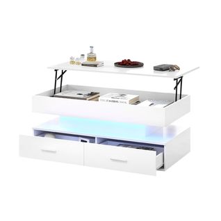 Table Basse Relevable Avec Éclairage LED Et Espace De Rangement, 2 Tiroirs, Blanc