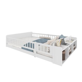 Lit Enfant 140x200 Cm En Bois De Pin, Avec Rangements Ouverts Et Barrière Ouvrable, Blanc