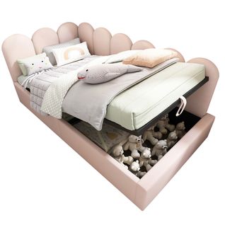Lit Banquette 90x200 Cm Rose, Velours, Rangement Hydraulique, Style Enfant, Sommier Métal