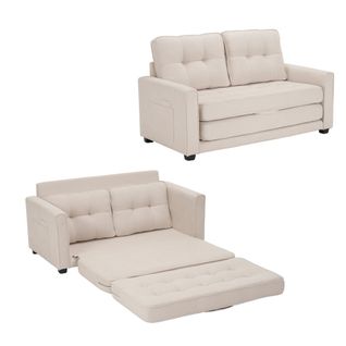 Canapé Deux Places Moderne Rembourré 151x205x86cm, Canapé-lit Avec Poches Sur Les Côtés, Beige