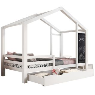 Lit Cabane Enfant 90x200 Cm Blanc Avec Tableau, Tiroirs Et Barrières, Sommier Bois