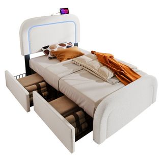 Lit Enfant 90x200 cm Avec 2 Tiroirs de rangement, LED et charge USB, Tissu Sherpa, Blanc