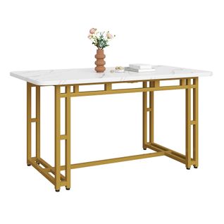Table à Manger De Luxe Légère 120x70x74cm, Structure En Métal, Couleur Or+blanc