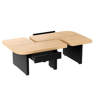 Table Basse LED Moderne 135x60x44,5cm, Design 2 En 1, 2 Tiroirs, Couleur Bois D'origine