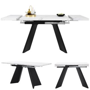 Table à Manger Extensible 99/159x74x77cm, Plateau En Mdf Blanc, Pieds Plats, Noir + Blanc