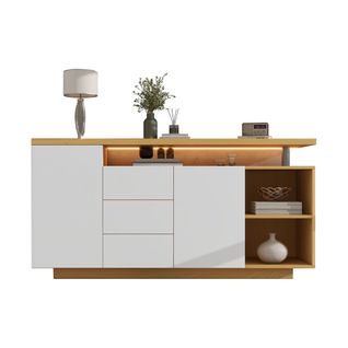 Buffet 140x40x70 Cm, Avec 3 Tiroirs, 2 Compartiments Ouverts, 2 Portes, Avec LED, Blanc Et Naturel.