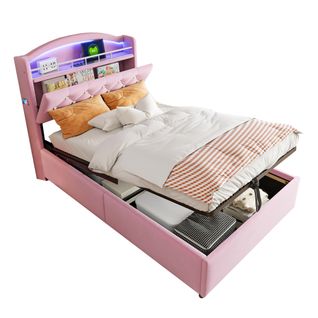 Lit Coffre Enfant 90x200 Cm, Lit Multifonctionnel Avec Rangement Avec LED Et USB, En Flanelle, Rose
