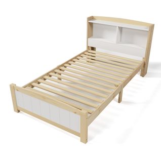 Lit Enfant 90 X 200 Cm Avec Tête De Lit Rangement, Cadre De Lit Avec Sommier, Pin, Naturel Et Blanc
