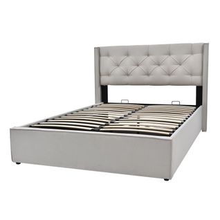Lit Coffre Adulte 140x200 Cm, Lit Rembourré Avec Espace De Rangement, Gris Clair