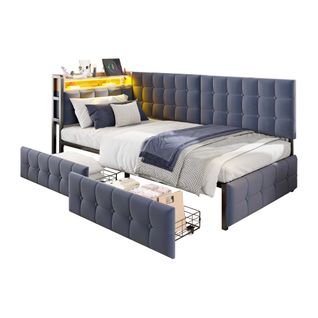 Lit Enfant Banquette 90x200 Cm Avec LED + USB-c, 2 Tiroirs De Rangement, Velours Gris Foncé
