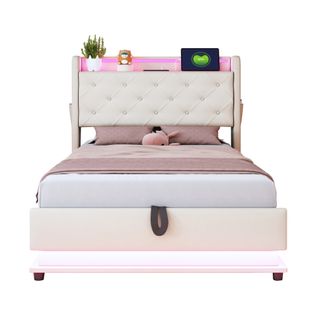 Lit Enfant Coffre 90x200cm Tissu Lin, LED + USB, Tête De Lit Rangement, Beige