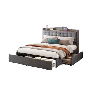 Lit Adulte 160x200cm Tissu Lin Avec 4 Tiroirs De Rangement, USB, Gris