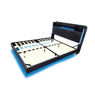 Lit Adulte 160x200cm Tissu Lin,led + USB, Tête De Lit Avec Rangement,gris