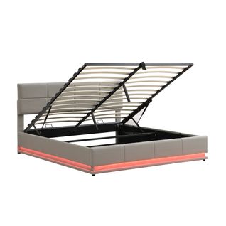 Lit 180x200cm, Lit Coffre Adulte Avec LED Et Sommier à Lattes, Rangement, Simili Cuir,gris Clair
