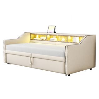 Lit Enfant 90/180x200cm Tissu Lin, Lit Gigogne, Tête De Lit Avec Rangement, LED + USB, Beige