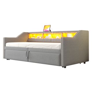 Lit Enfant 90/180x200cm Tissu Lin, Lit Gigogne, Tête De Lit Avec Rangement, LED + USB, Gris