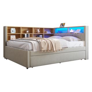 Lit Enfant 140x200cm Avec Lit Gigogne 90x190cm, LED + USB/tape-c ,flanelle, Gris