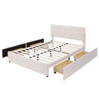 Lit Adulte 140 X 200 Cm Avec Tiroirs, Sommier à Lattes, Cadre De Lit Avec Rangement, Velours Beige
