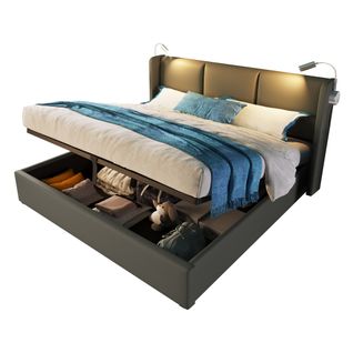 Lit coffre 140x200 cm, Lit adulte avec sommier à lattes, tête de lit captonnée, lampe, USB, pu gris