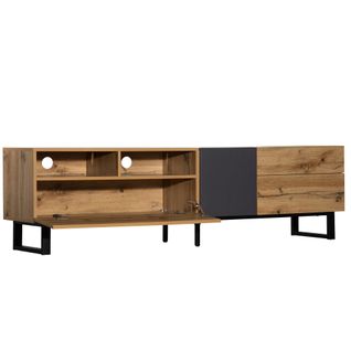 Meuble TV 180cm Avec 2 Portes, 2 Tiroirs De Rangement,naturel + Gris Foncé