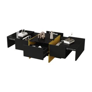 Table Basse Rectangle Noir Avec 2 Tiroirs Et 2 Compartiments Cachés, Noir Et Doré