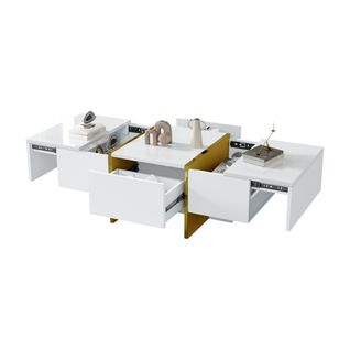 Table Basse Rectangle Blanc Avec 2 Tiroirs Et 2 Compartiments Cachés, Blanc Et Doré