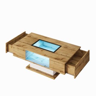 Table Basse LED Avec 2 Tiroirs De Rangement Naturel+blanc 110x60x39.7cm