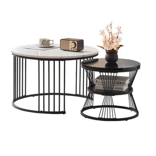 Lot De 2 Tables Basses Gigogne Ronde En Placage Marbre Blanc, Cadre En Métal Noir