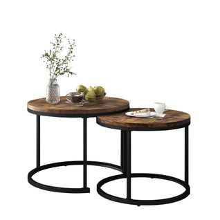 Tables Basses Gigogne Ronde Lot De 2, Woodgrain Marron, Cadre En Métal Noir