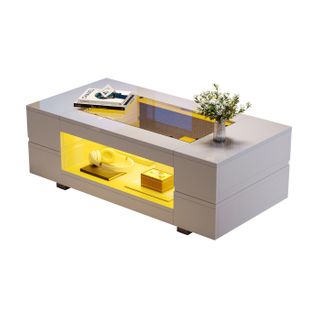 Table Basse Rectangulaire LED Blanc Avec Plateau En Verre