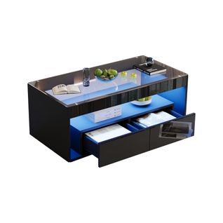 Table Basse Noir Rectangulaire Plateau En Verre, LED, Avec 2 Tiroirs, 100×50×40cm