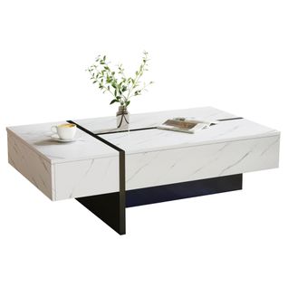 Table Basse Rectangulaire Blanc Avec Éclairage LED, Placage Marbre, Plateau Brillant - 105x60x35 Cm