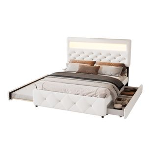 Lit Adulte 140x200 Cm Avec Lit Gigogne 90x190cm, Éclairage LED Et 2 Tiroirs, En Lin, Blanc