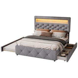 Lit Adulte 140x200 Cm Avec Lit Gigogne 90x190cm, Éclairage LED Et 2 Tiroirs, En Lin, Gris